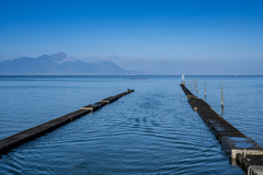 堤防の波紋と雲仙普賢岳