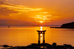 2025年12月　海の鳥居と不知火海に沈む夕日