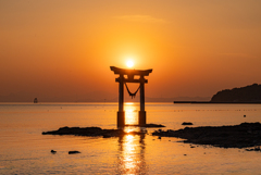 鳥居に沈む夕日