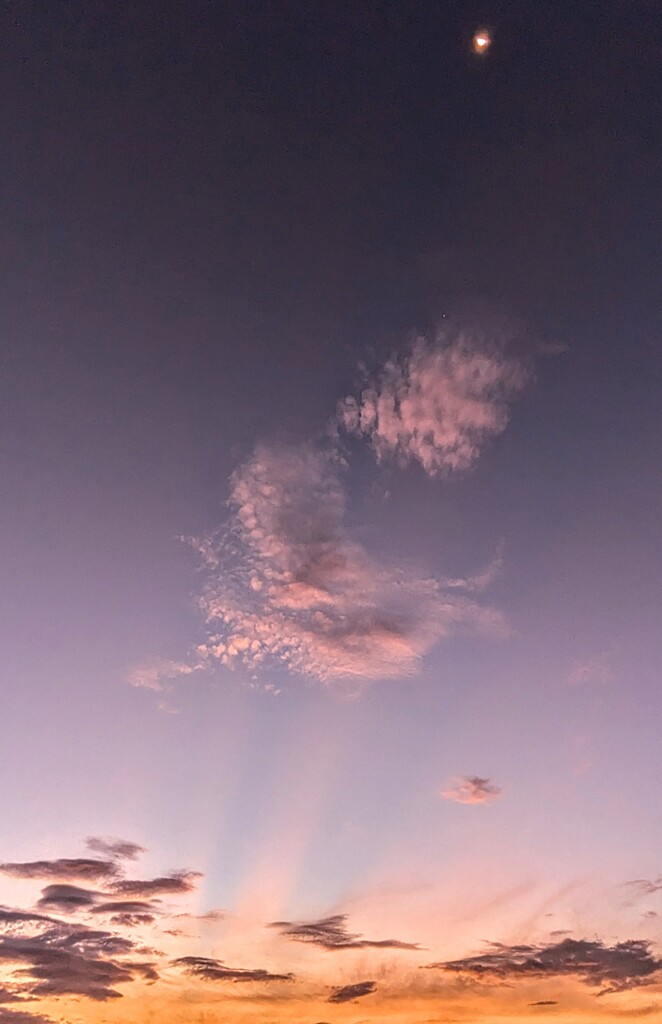 朝焼けの空に残月