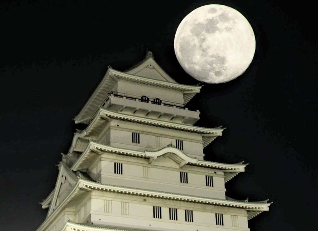 白壁の城に佇む月
