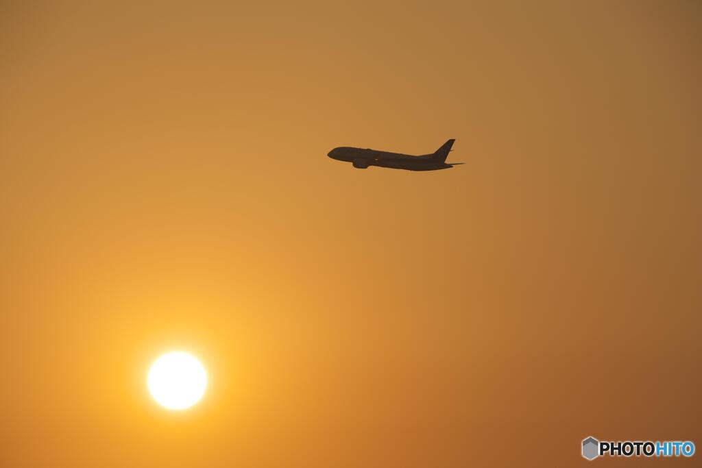 夕陽と離陸