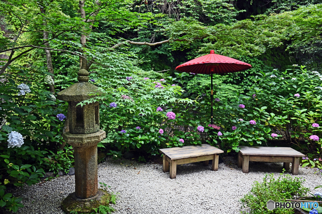 赤い傘のある風景