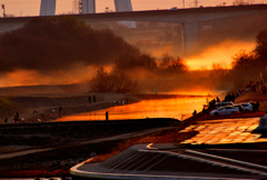 釣り堀！　朝陽の川霧
