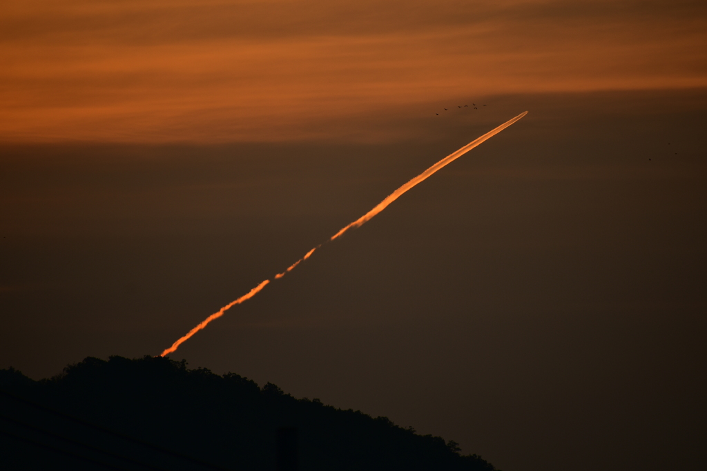朝焼けの飛行機雲！