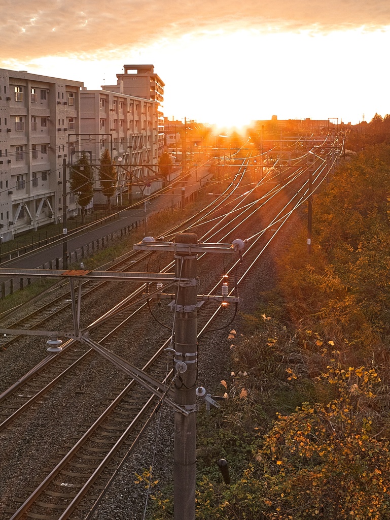 夕日に染まる線路