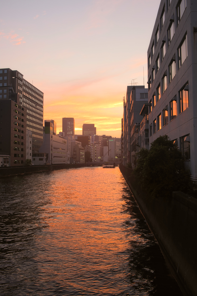 ビルの谷間の川に映る夕焼け