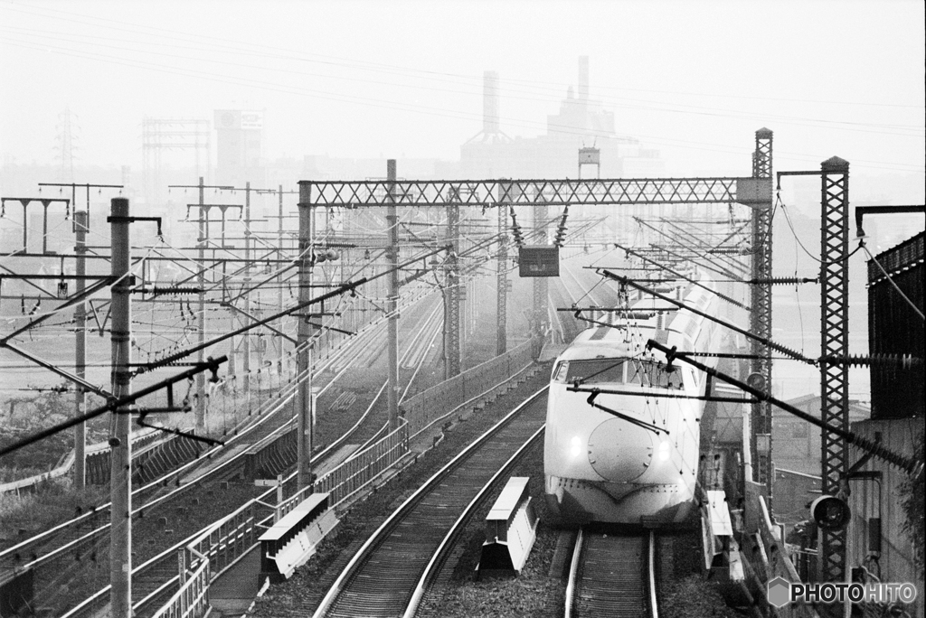 川霧に包まれた多摩川橋梁から姿を現した０系新幹線