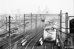 川霧に包まれた多摩川橋梁から姿を現した０系新幹線