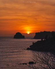 沈船と夕日