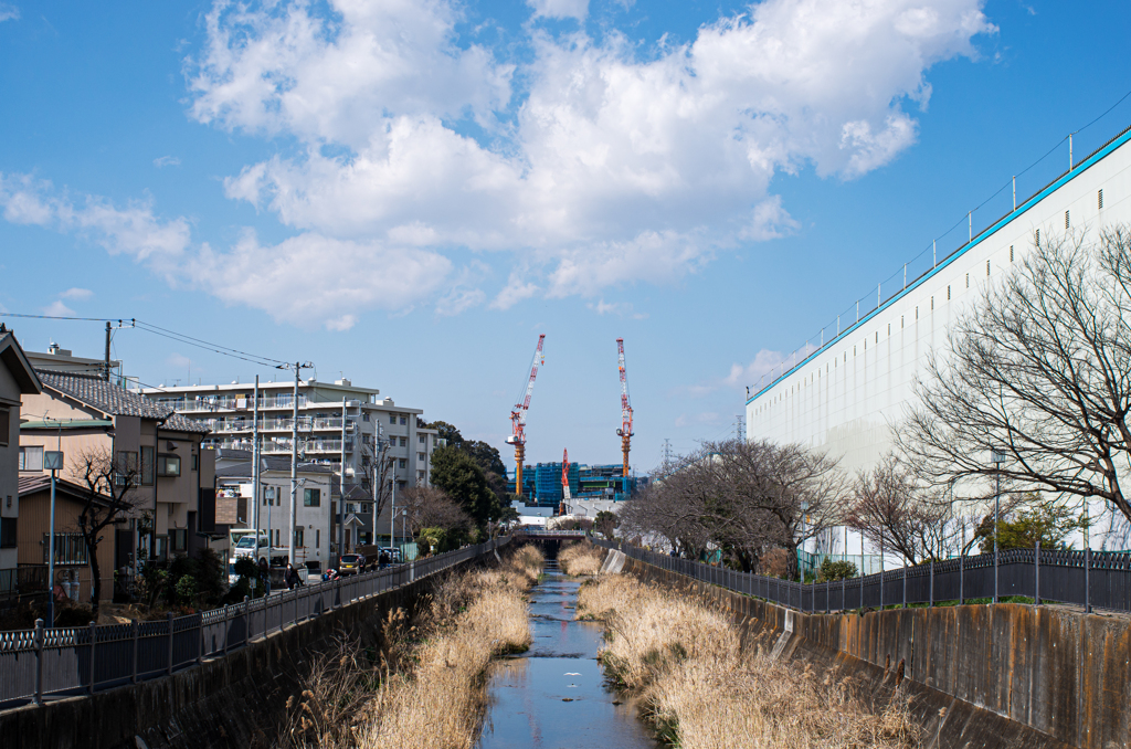 横浜環状南線工事中（コサギ舞う川）