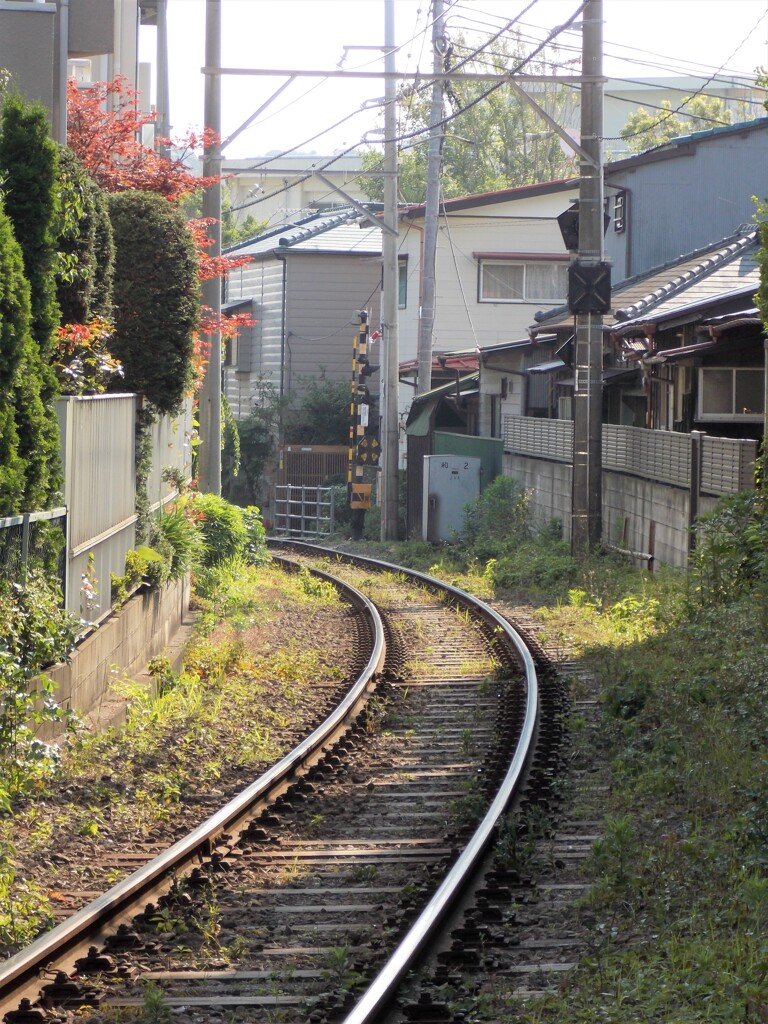 江ノ電のカーブ：民家すれすれ