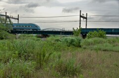 河原と高架を走る特急列車