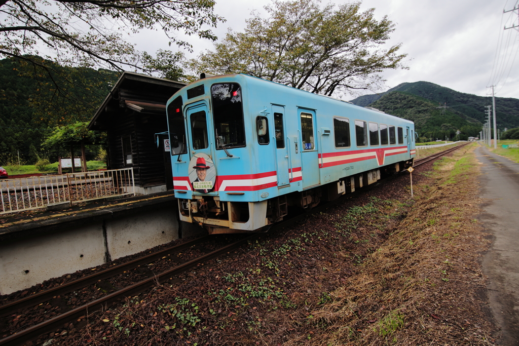 山間の田園地帯のディーゼル車