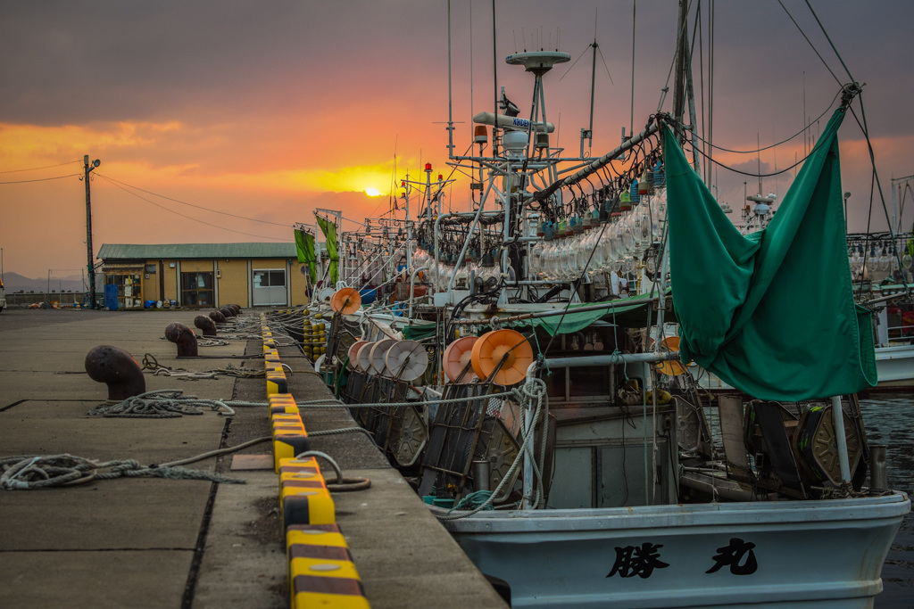 イカ釣り漁船と夕日