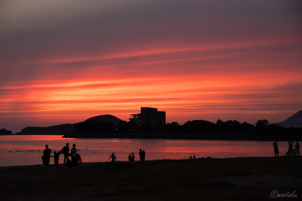 赤く焼けた海辺