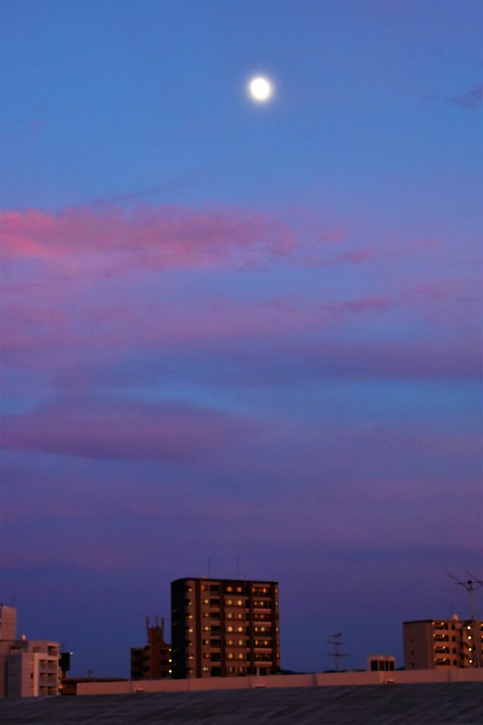 夕焼けと満月