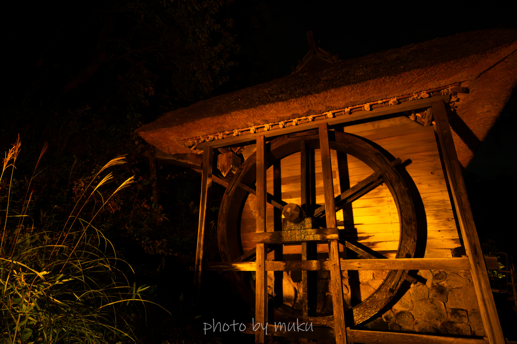 夜の水車