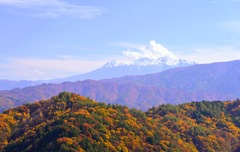 紅葉の先に見える雪の御嶽山