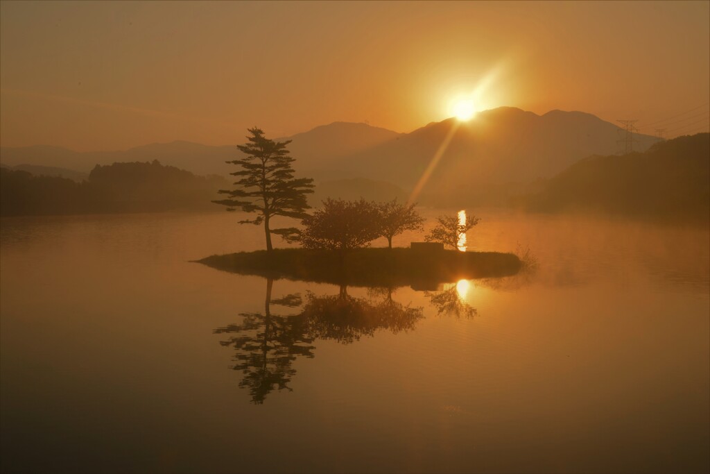 晩春の日野川ダム　朝日　５