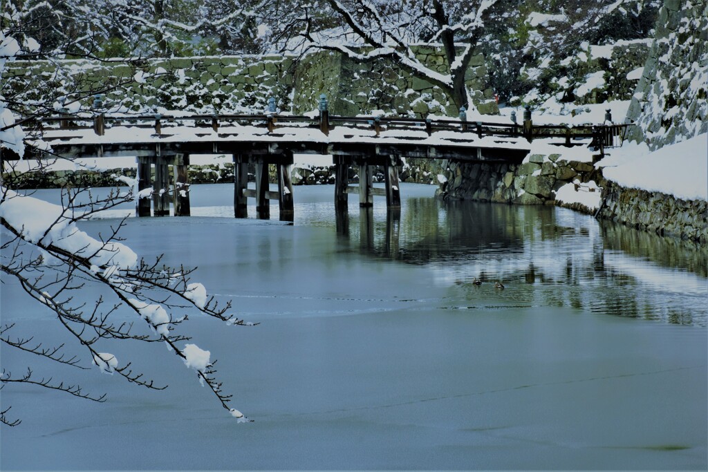彦根城大手門橋雪景
