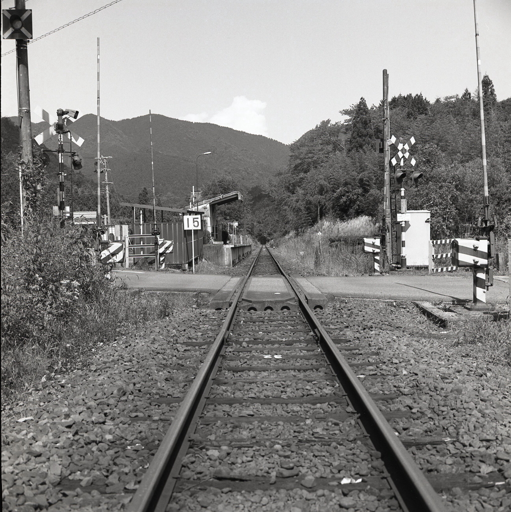 山の中の踏切駅