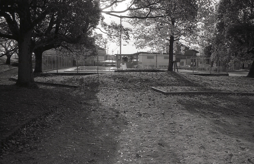 落ち葉に囲まれる児童プール