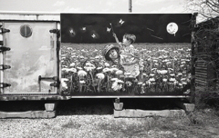 花畑の軍事ヘルメットの子供たち