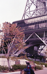 テレビ塔を横切る重装備なおばちゃん