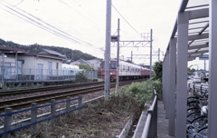 赤い電車が走ってきた。