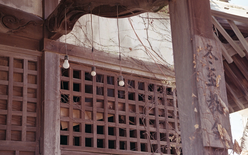 荒れ寺に釣り下がる裸電球