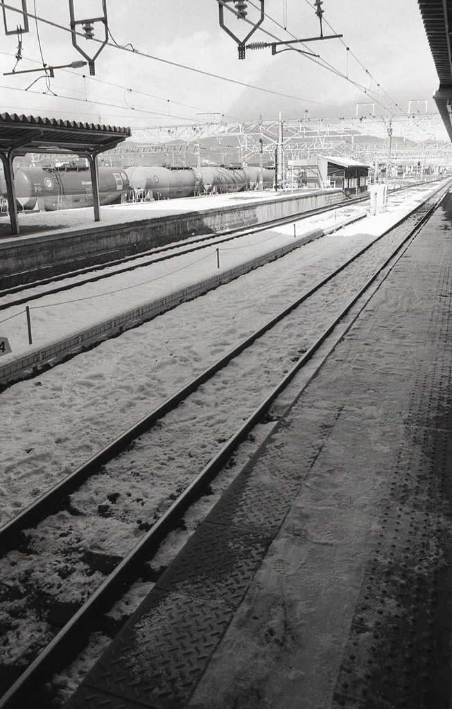 雪のホームにシャッターを切る。