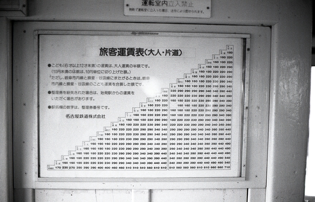 谷汲⇔岐阜駅前の旅客運賃表