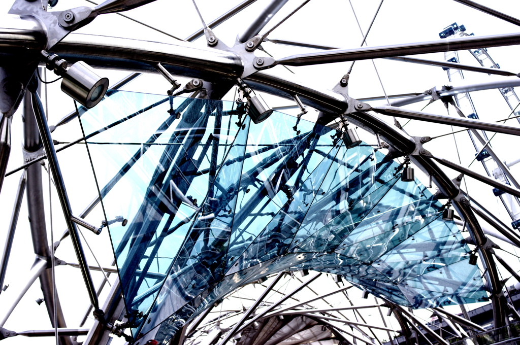 spiral steel and blue glass