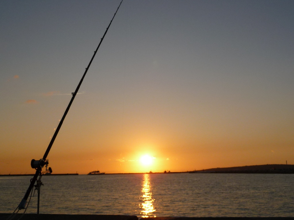 夕日と釣り竿