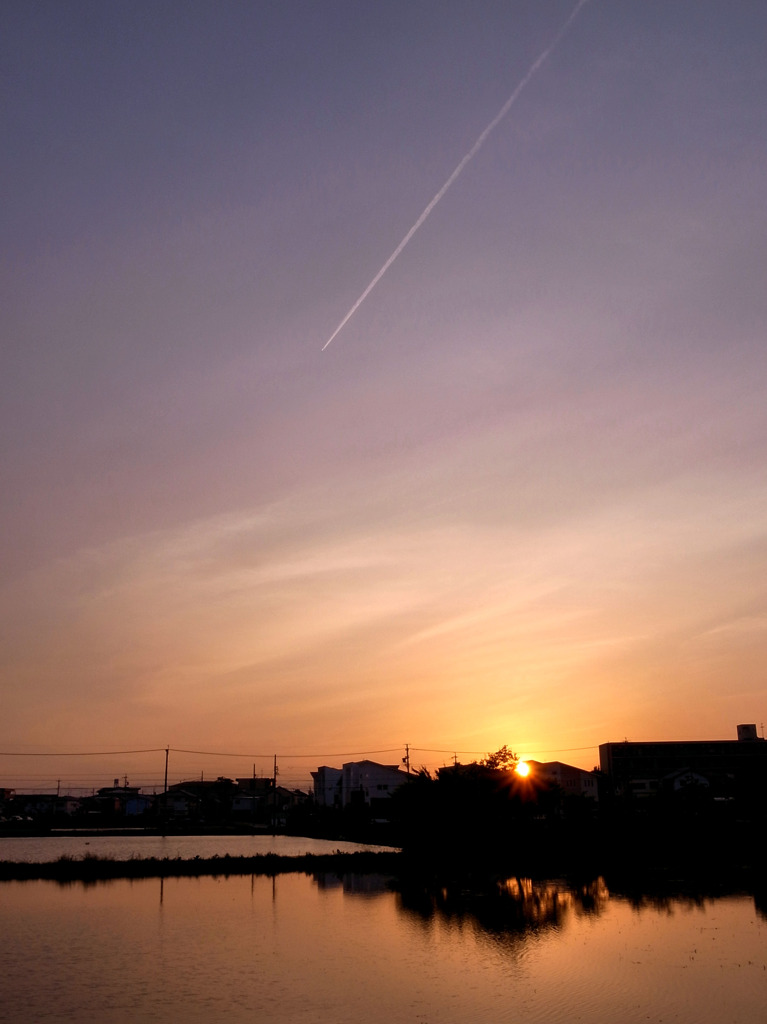 飛行機雲と夕日