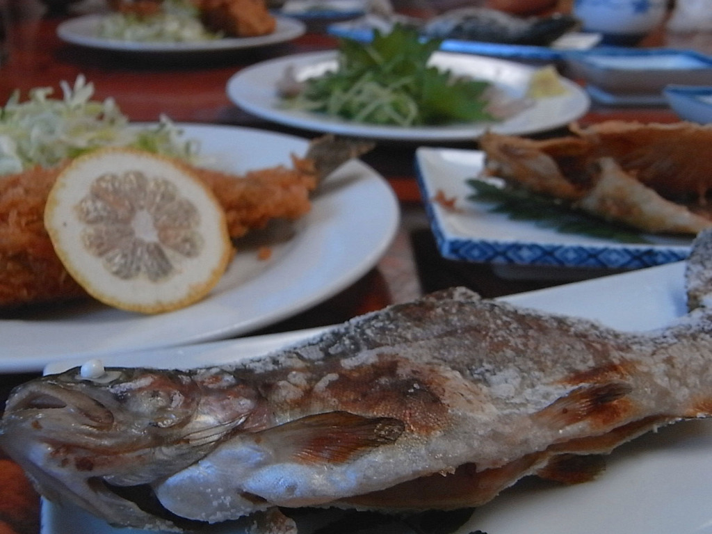 刺身、フライ、から揚げ、塩焼き。マスの4種料理。