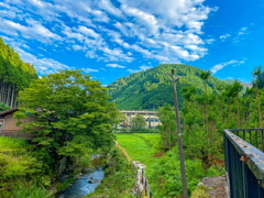 空と川と緑と校舎。