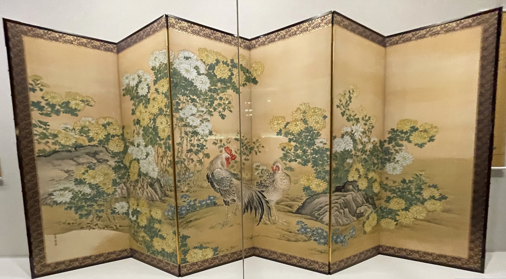 野口幽谷　菊鶏図屏風