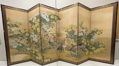 野口幽谷　菊鶏図屏風