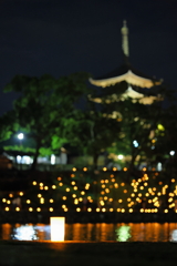 猿沢池の燈火越しにのぞむ興福寺五重塔