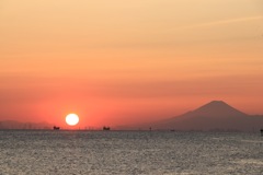 夕日と富士