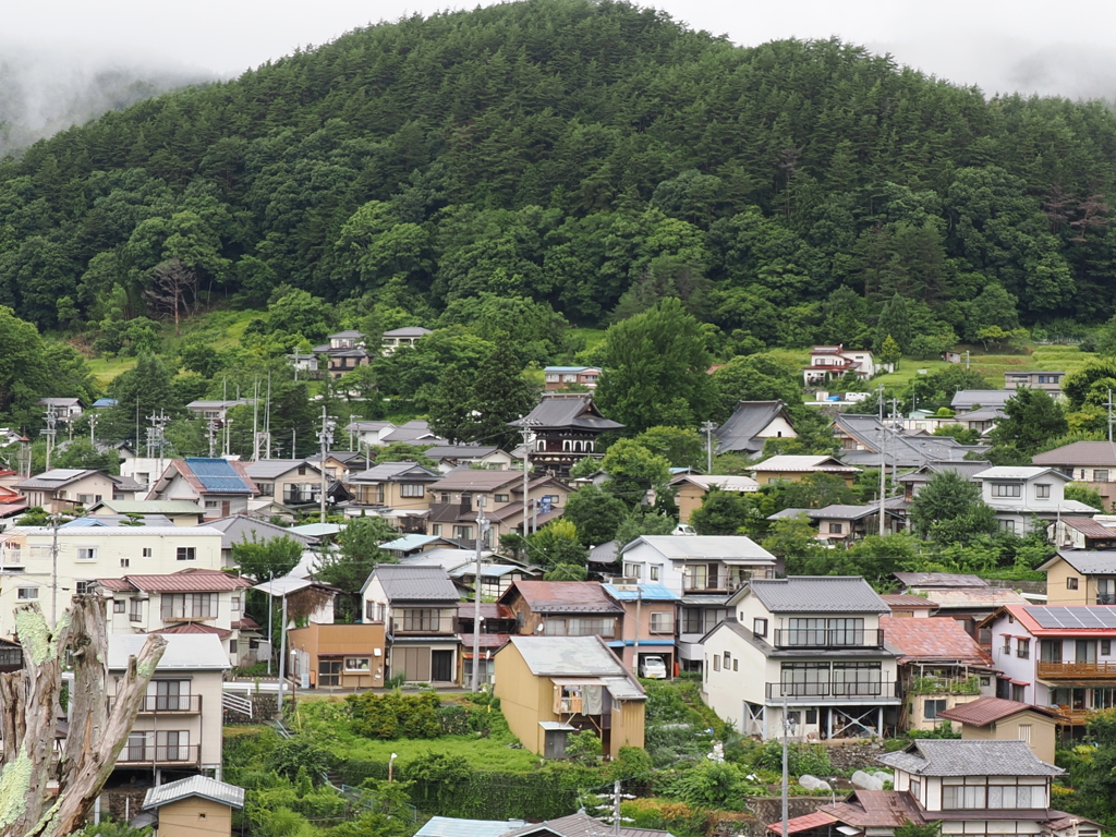 高遠の自宅から見える風景　目の前のお寺には両親が