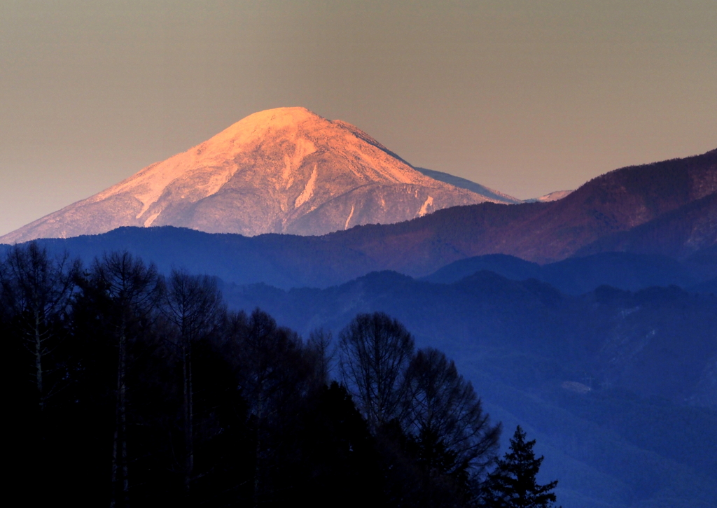 夕映えの諏訪富士（蓼科山）