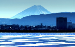 春を待つ諏訪湖と富士