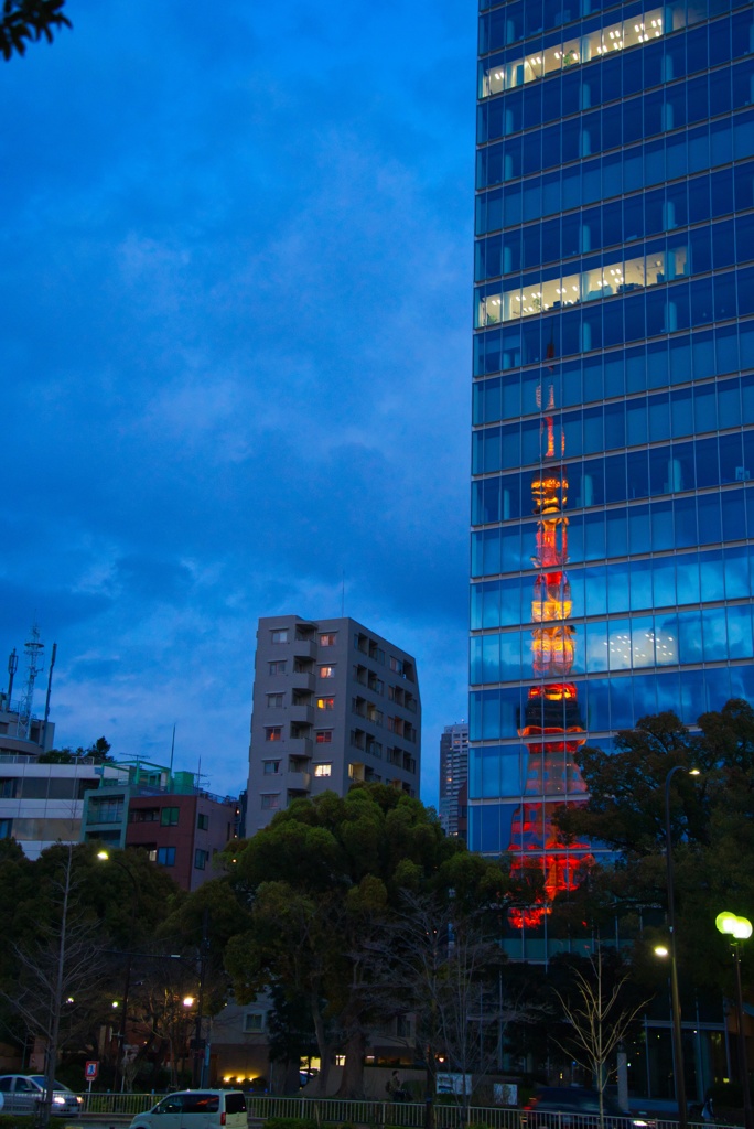 ビルに写る東京タワー