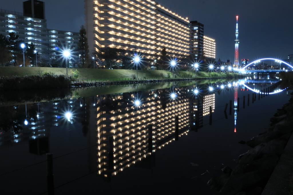 逆さスカイツリーと逆さアーチ橋