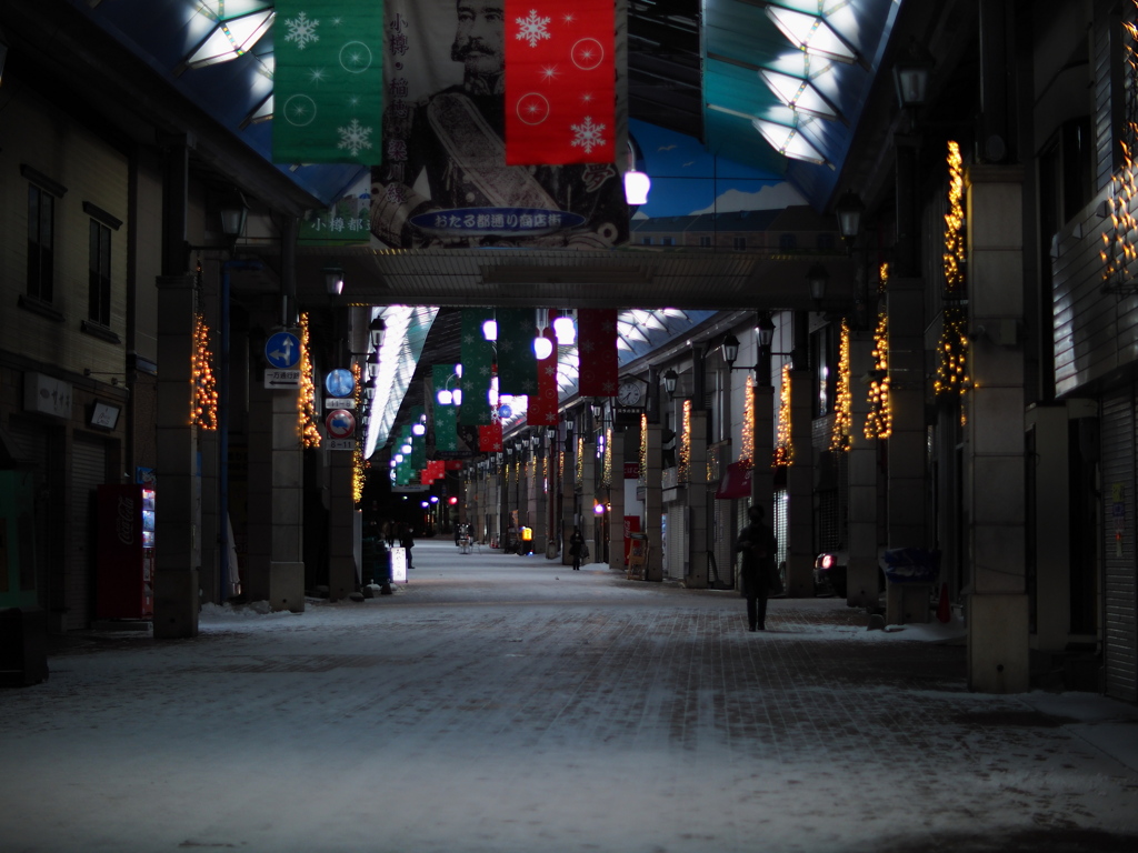 積雪のアーケード街