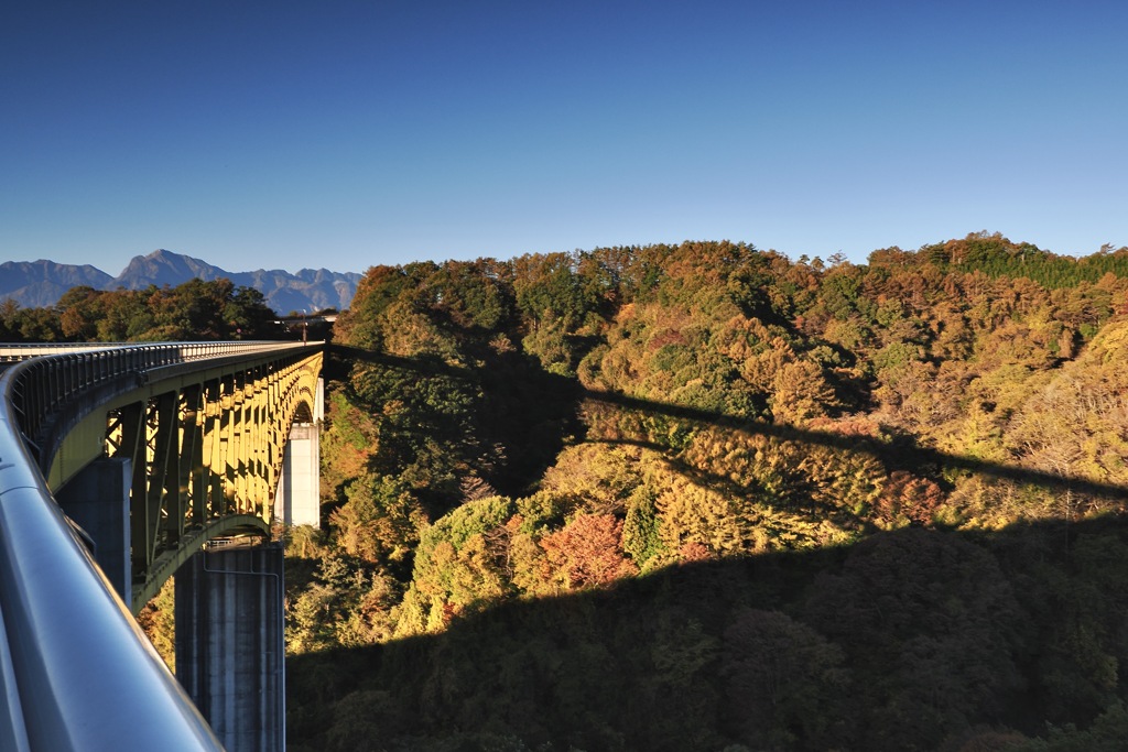 紅葉の渓谷の高架橋