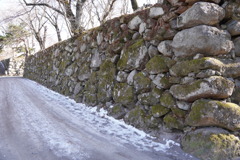 雪道の苔むした石垣